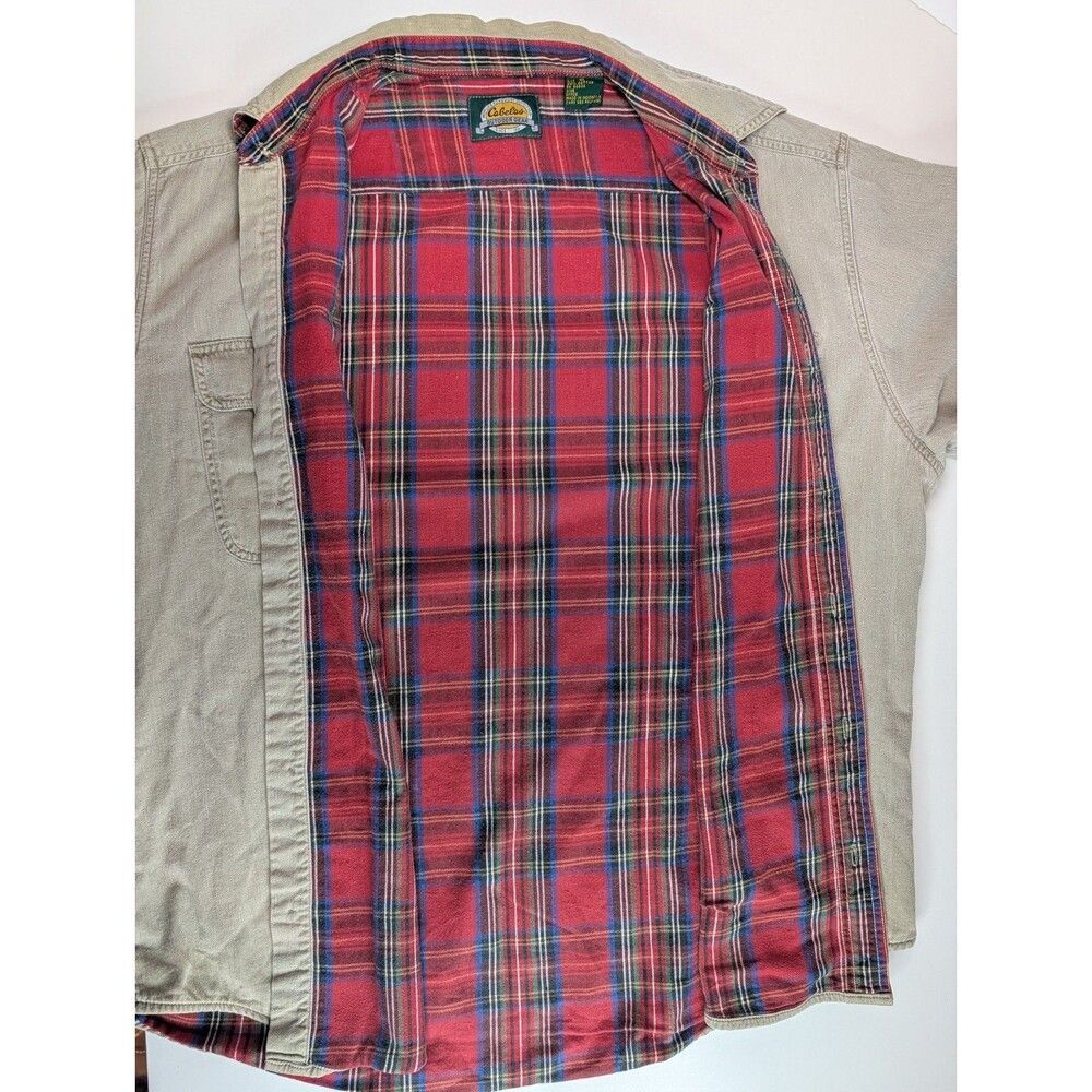 Cabelas Mens XL Flannel Lined Shirt Jacket Khaki Tan Shacket Red Plaid Vintage